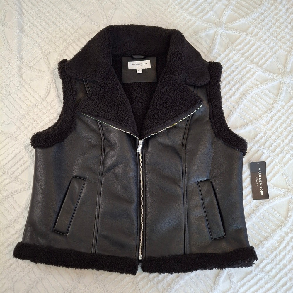 Marc New York Womens Plus Size 1X Black Faux‎ Leather/Shearling Zipper Vest NWT